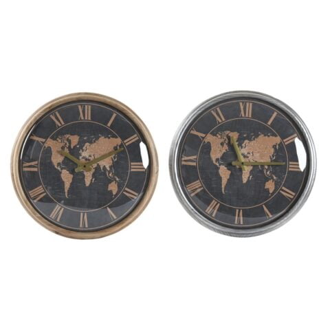 Ρολόι Τοίχου DKD Home Decor Κρυστάλλινο Ασημί Μαύρο Χρυσό Σίδερο Παγκόσμιος Χάρτης (46 x 6