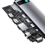 USB-C to 3x USB 3.0 + 2x HDMI + USB-C PD + Ethernet RJ45 + microSD/SD + VGA + AUX