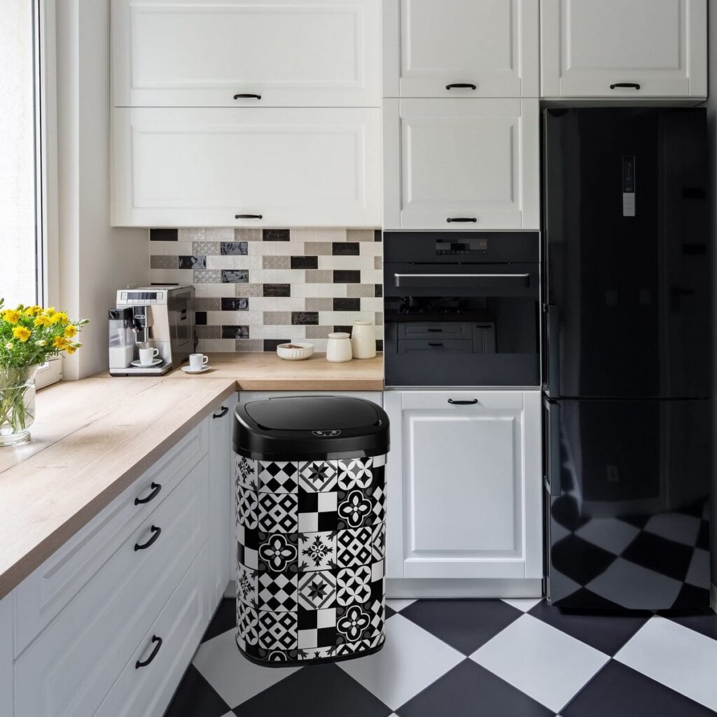 Σκουπίδια μπορεί να Kitchen Move Αυτόματο Λευκό Μαύρο Πλακάκι Ανοξείδωτο ατσάλι Λευκό/Μαύρο 58 L