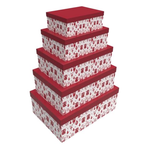 Σετ Κουτιών Αποθήκευσης με Δυνατότητα Τοποθέτησης σε Στοίβα DKD Home Decor 5 Τεμάχια Κόκκινο Λευκό Τάρανδος Χαρτόνι (50 x 35 x 2