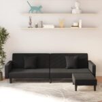 vidaXL Καναπές Κρεβάτι Διθέσιος με 2 Μαξιλάρια&Υποπόδιο Μαύρο Βελούδο