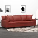 vidaXL Καναπές Τριθέσιος μπορντό 180εκ από Συνθετικό Δέρμα + Μαξιλάρια