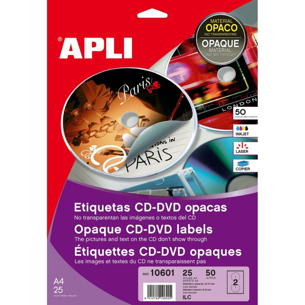 Κόλλες/Ετικέτες Apli 10601 Κυκλικό CD/DVD Λευκό 25 Φύλλα Ø 117 mm