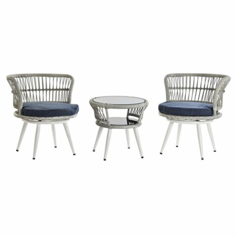 Σετ Τραπέζι με 2 Καρέκλες DKD Home Decor Μπλε Λευκό Μπλε/Λευκό Κρυστάλλινο Χάλυβας συνθετικό ρατάν 65 x 65 x 68 cm