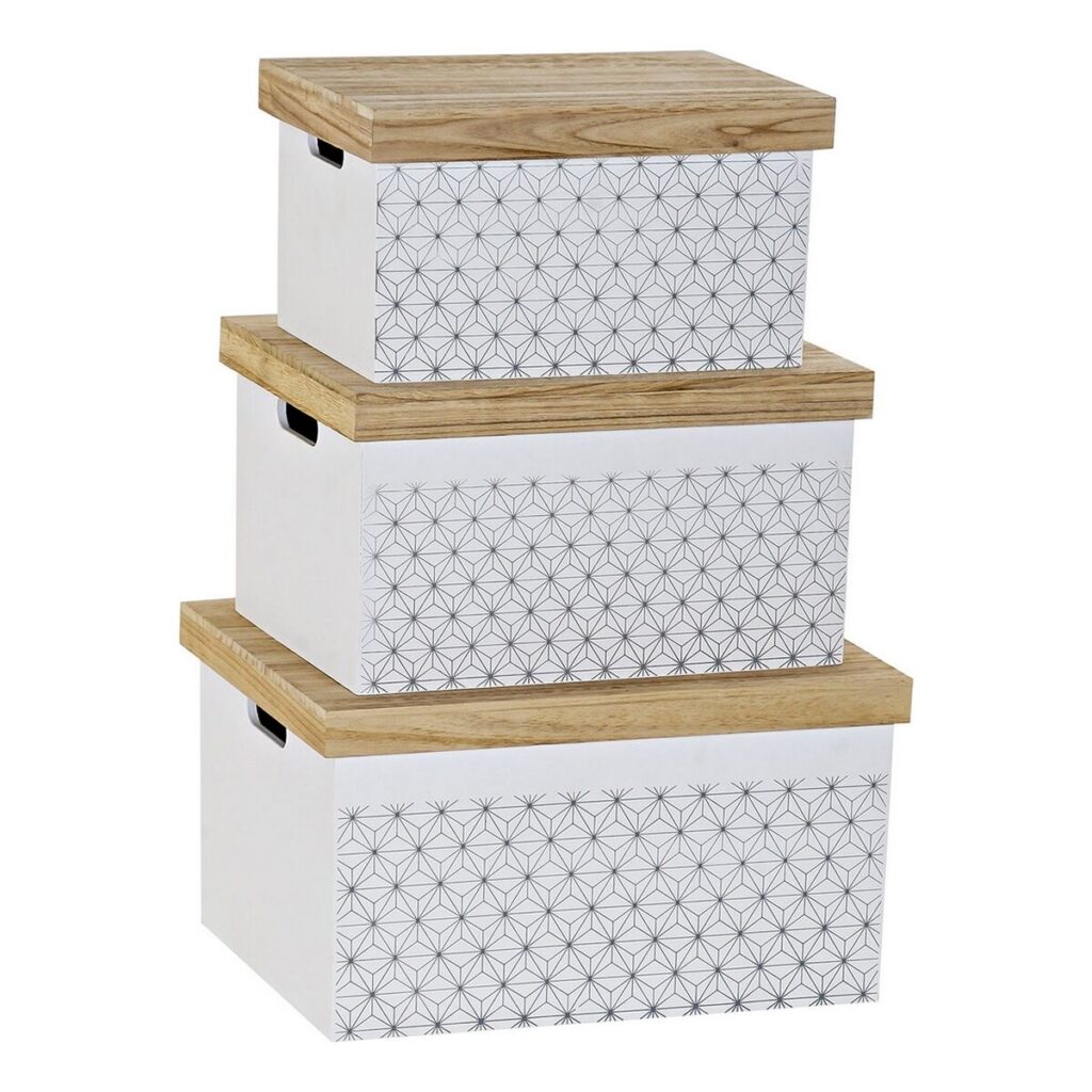 Σετ Κουτιών Αποθήκευσης με Δυνατότητα Τοποθέτησης σε Στοίβα DKD Home Decor Λευκό Φυσικό 42 x 31 x 24 cm