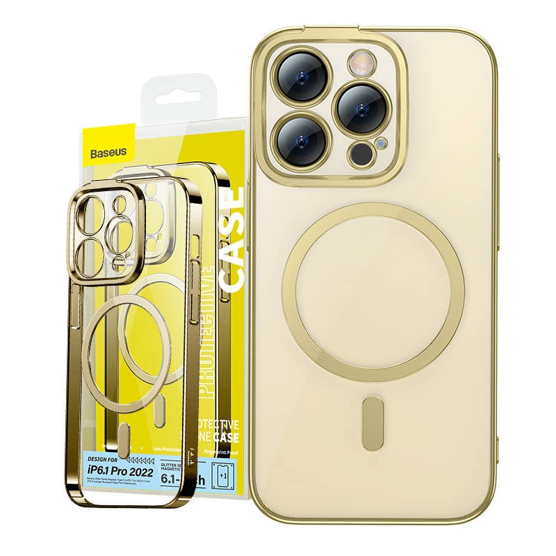 Baseus Glitter Magnetic Case for iPhone 14 Pro (Gold) + tempered glass + cleaning kit