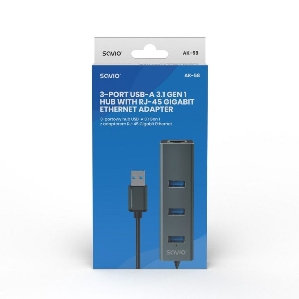 Hub USB 4 Θύρες Savio AK-58 Ethernet (RJ-45) Γκρι