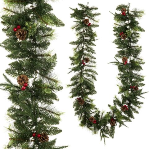Χριστουγεννιάτικο στεφάνι PVC πολυαιθυλένιο Κόκκινο Πράσινο Φυσικό Ανανάδες 270 x 30 x 7 cm