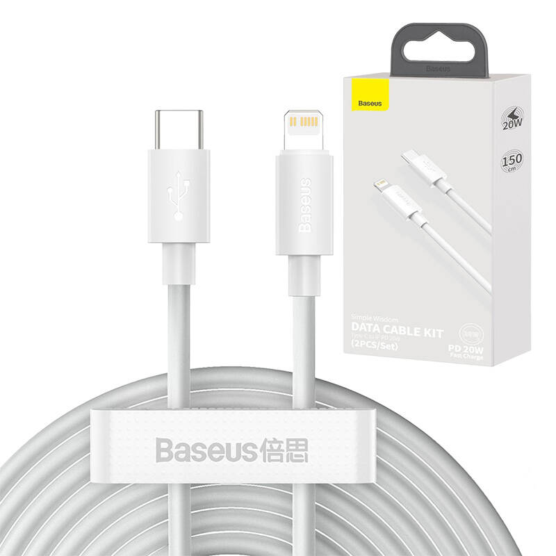 Baseus Καλώδιο Simple Wisdom Data Cable Kit USB-C σε Lightning PD 20W 1.5m (Σετ 2τμχ) (Λευκό)