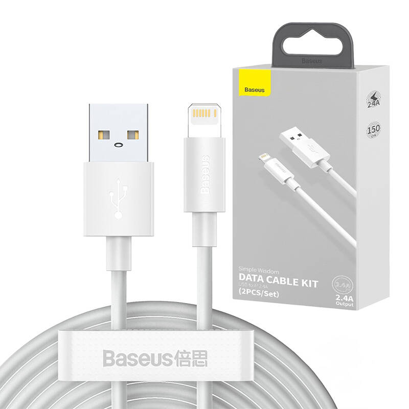 Baseus Καλώδιο USB σε Lightning Simple Wisdom 2.4A 1.5m (2τμχ) (Λευκό)