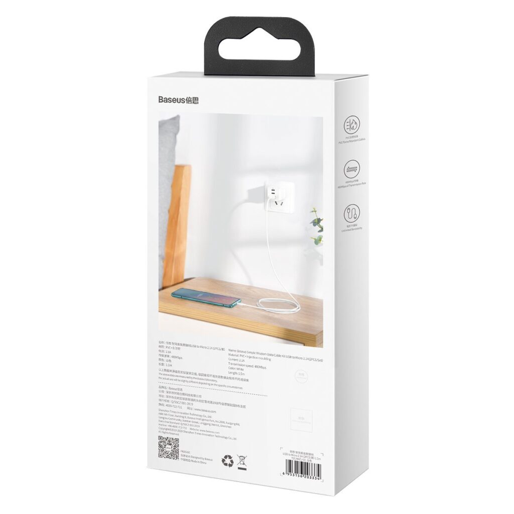 Baseus Καλώδιο USB σε MicroUSB Simple Wisdom 2.1A 1.5m (2τμχ) (Λευκό)