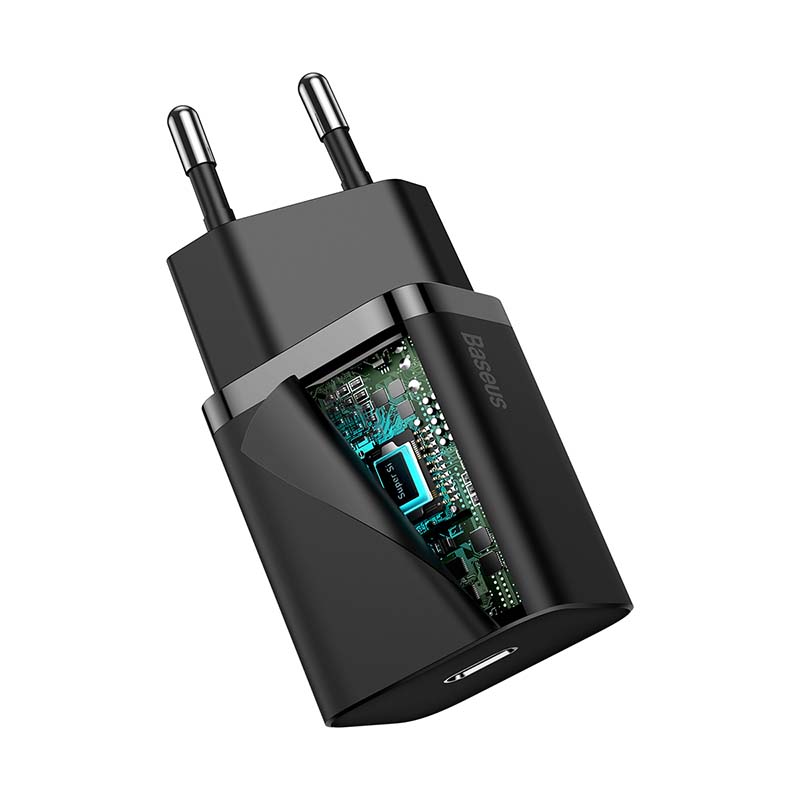 Baseus Γρήγορος Φορτιστής Super Si 1C 20W με Καλώδιο USB-C σε Lightning 1m (Μαύρο)