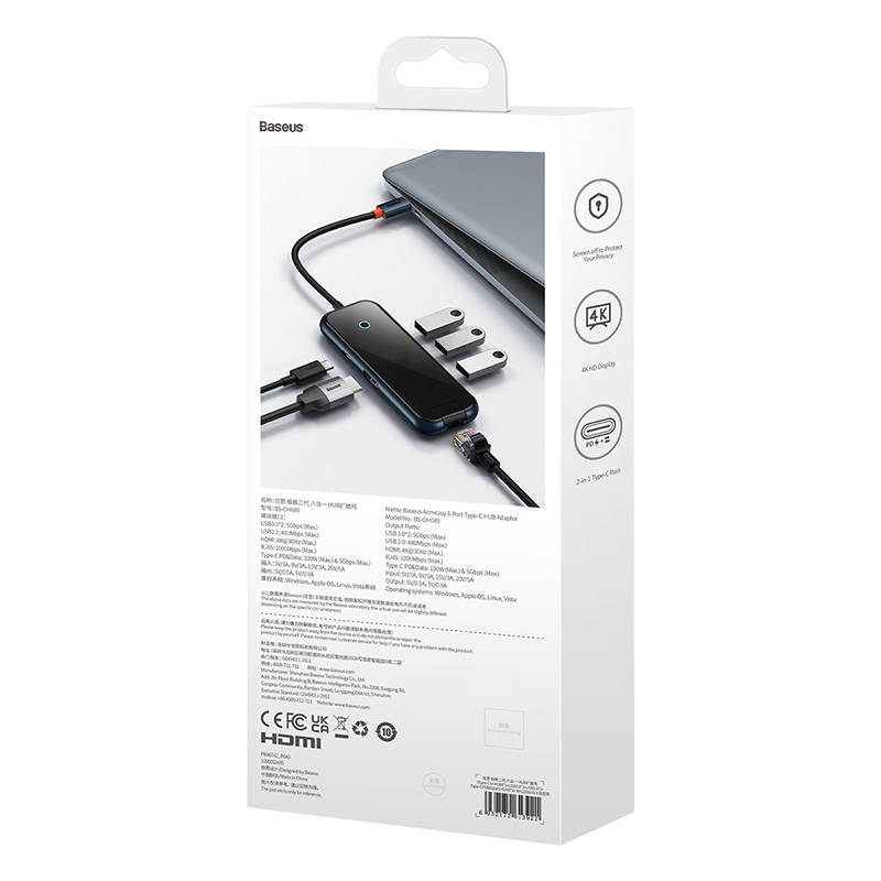 Baseus Docking Station 6σε1 AcmeJoy Series USB-C σε 2xUSB 3.0 + USB 2.0 + USB-C PD + HDMI + RJ45 (Γκρι)