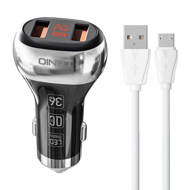 LDNIO Φορτιστής Αυτοκινήτου C2 2USB με Καλώδιο MicroUSB (Μαύρο/Ασημί)