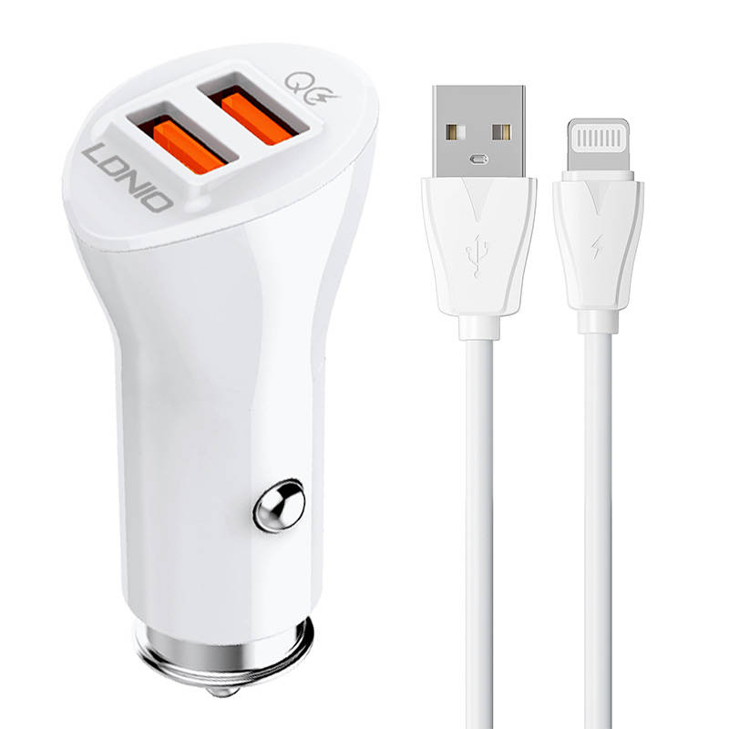 LDNIO Φορτιστής Αυτοκινήτου C511Q 2USB με Καλώδιο Lightning (Λευκό)