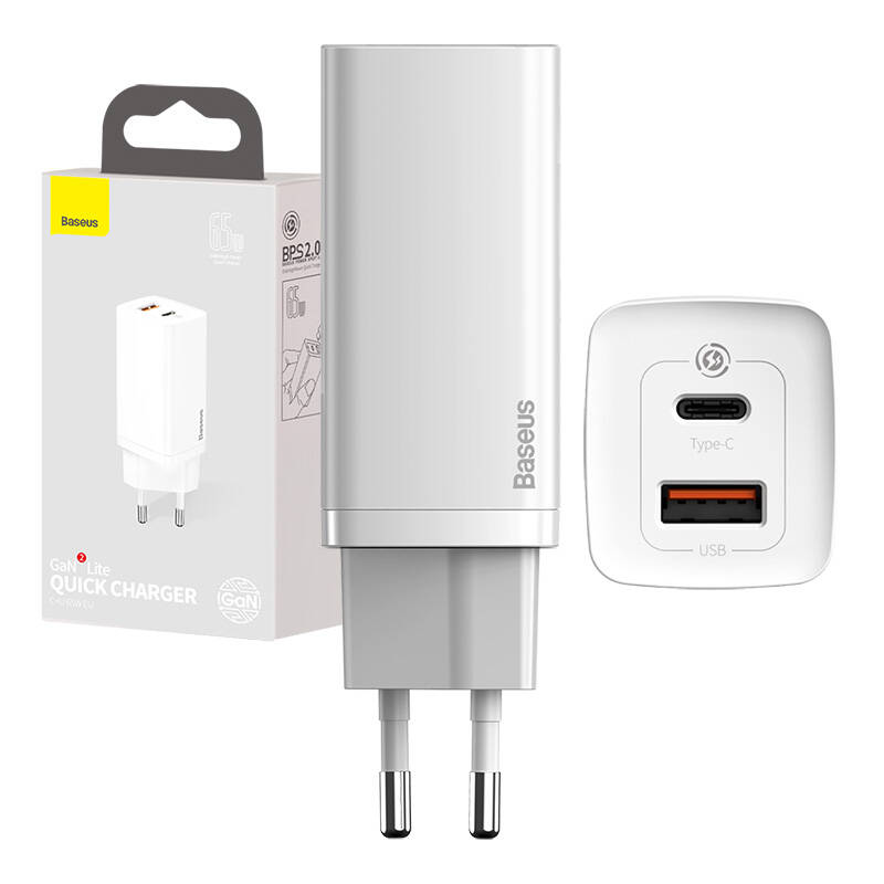 Baseus Φορτιστής Ταχείας Φόρτισης GaN2 Lite USB+USB-C 65W EU (Λευκό)