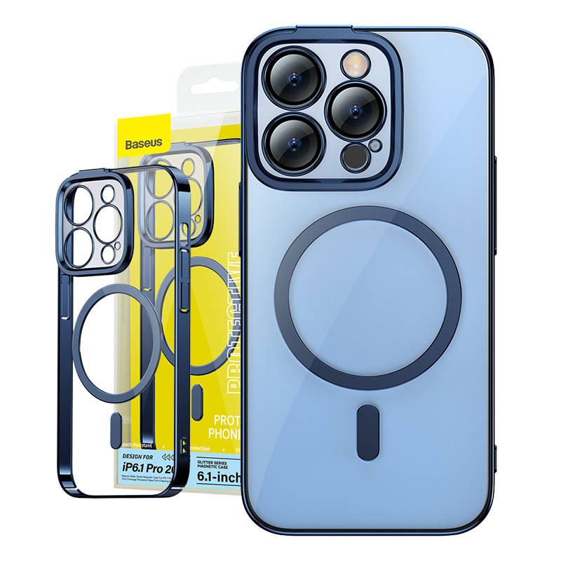 Baseus Μαγνητική Θήκη Glitter και Προστατευτικό Οθόνης Tempered Glass για iPhone 14 Pro (Μπλε/Διαφανές)