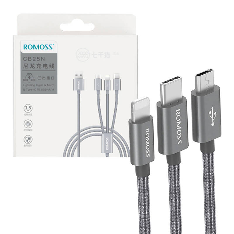 USB cable Romoss CB25N 3in1 USB-C / Lightning / Micro 3A 1m (grey)