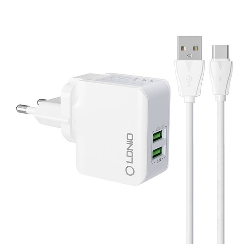 LDNIO Φορτιστής A2203 2USB με Καλώδιο USB-C (Λευκό)
