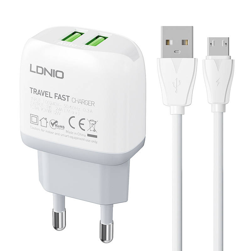 LDNIO Φορτιστής A2219 2USB με καλώδιο MicroUSB (Λευκό)