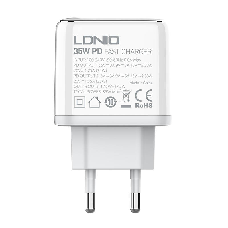 LDNIO Φορτιστής A2528C 2USB-C 35W με Καλώδιο USB-C σε Lightning (Λευκό)