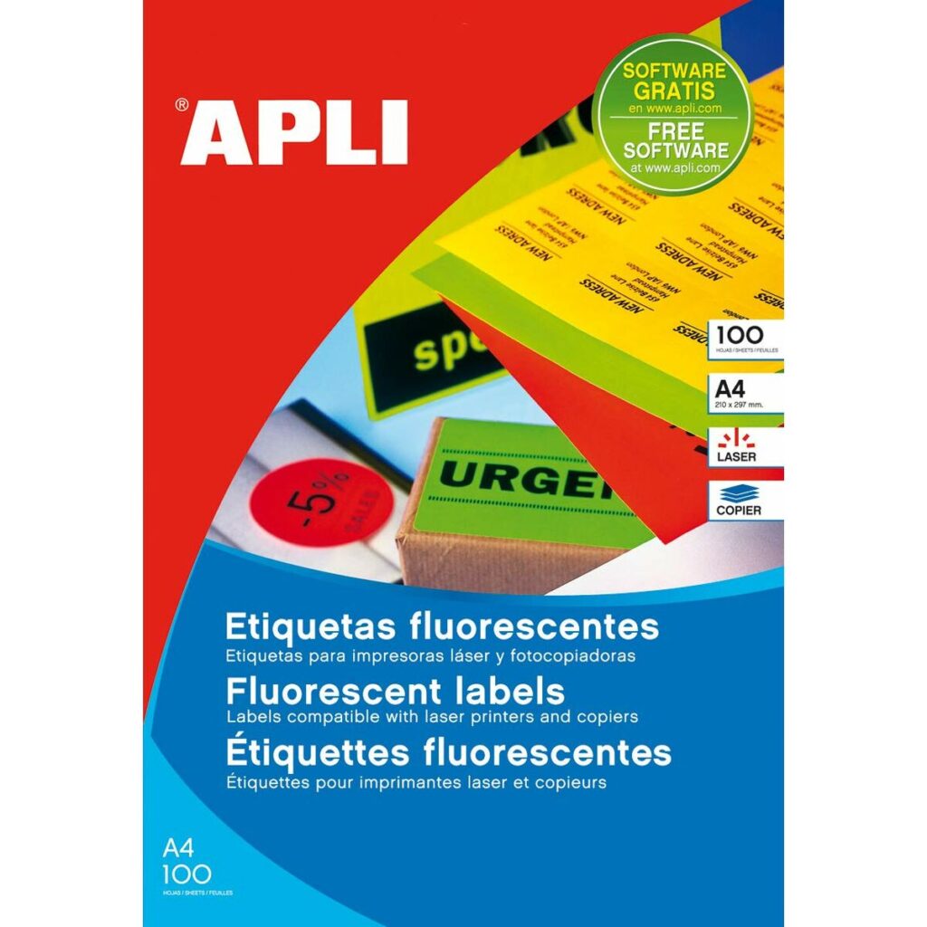 Ετικέτες για Εκτυπωτή Apli Fluor Κόκκινο 100 Φύλλα 64 x 33