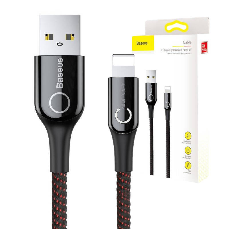 Kabel USB Lightning z diodą LED Baseus C-shaped 2.4A 1m (czarny)
