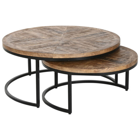 Σετ με 2 τραπέζια Home ESPRIT Καφέ Μαύρο Φυσικό Μέταλλο Ξύλο από Μάνγκο 90 x 90 x 40 cm