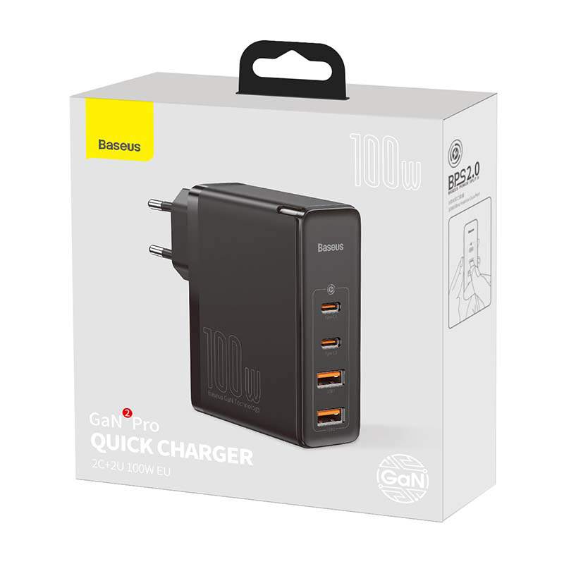 Baseus Φορτιστής Ταξιδιού GaN2 Pro Quick 2xUSB + 2xUSB-C 100W EU (Μαύρο)