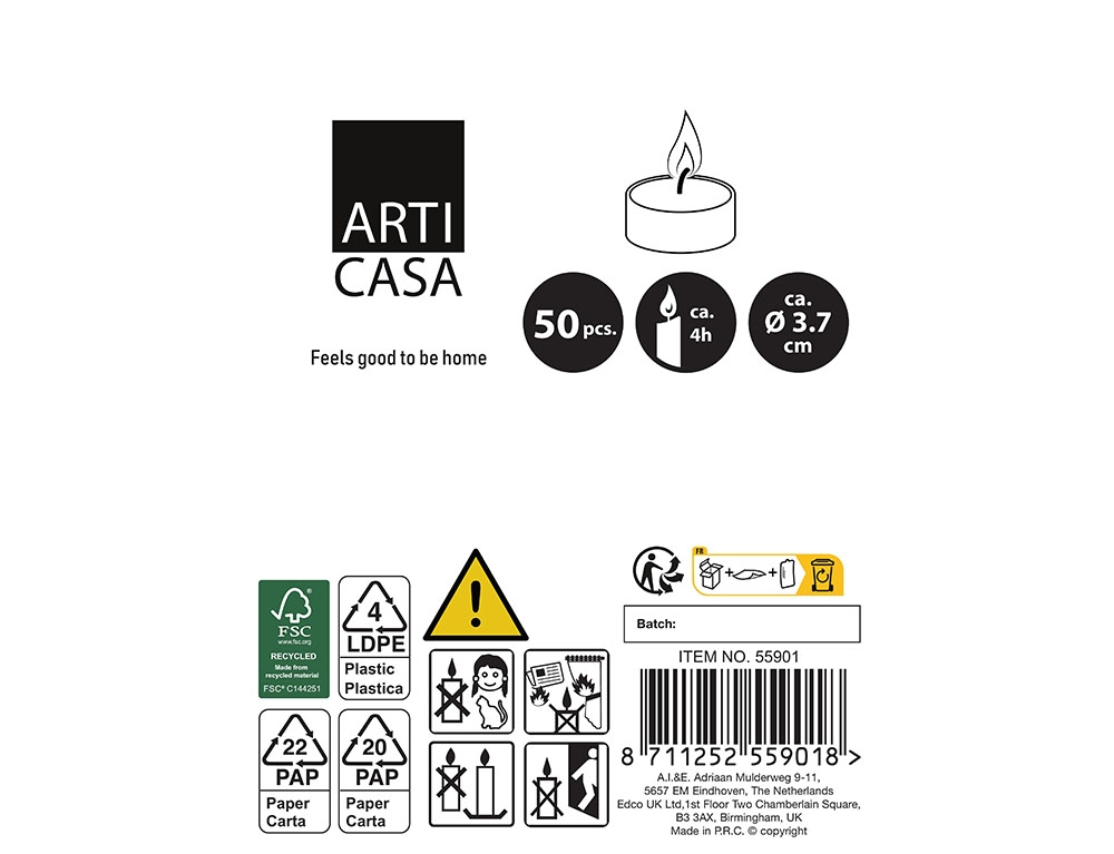 Κεριά & Κηροπήγια Tealight Articasa 50Pcs 19.5X19.5X2.6Cm 540Gr Wx B