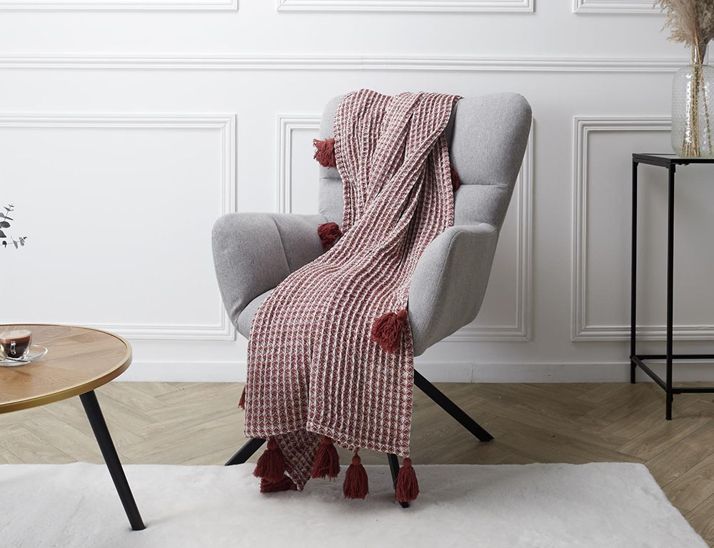Κουβέρτες & Ριχτάρια Waffle Plaid With White And Red Tassels 125X150Cm