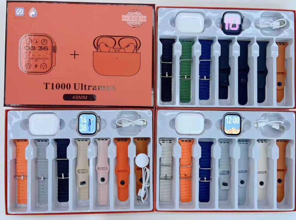 Σετ Smartwatch με ασύρματα ακουστικά Bluetooth & 7 λουράκια - T1000 UItra Max - 814123 - Black