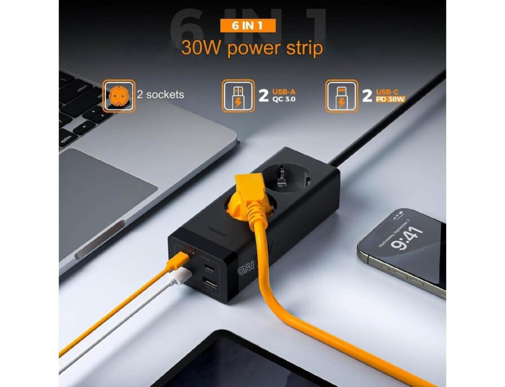 Πολύμπριζα Tessan 6 In 1 Power Strip 2Xschuko 2Xusb 2Xtype-C