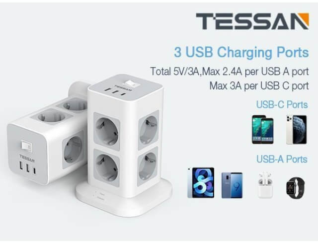 Πολύμπριζα Tower Surge Protector Tessan 11 In 1 Tps03-De-C