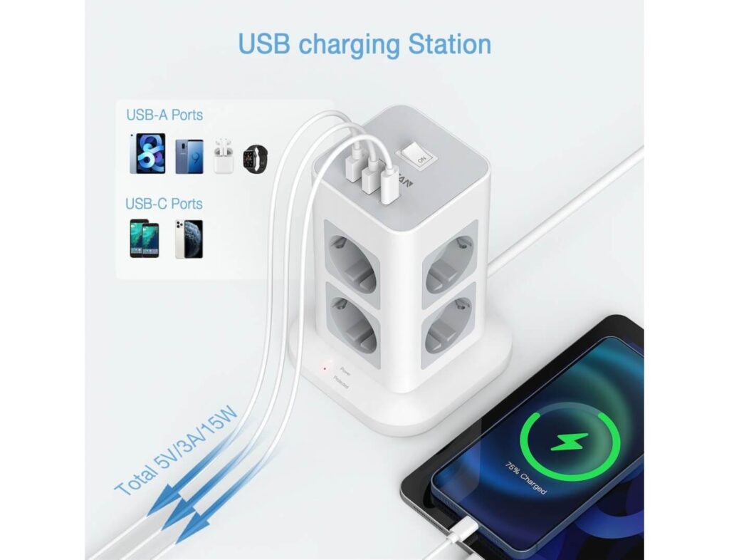 Πολύμπριζα Tower Surge Protector Tessan 11 In 1 Tps03-De-C